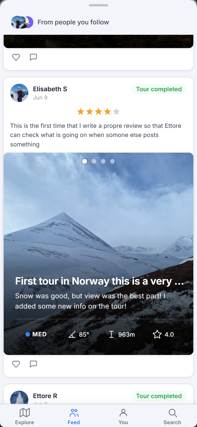 SteepMap feed showing friends' completed tours and reviews